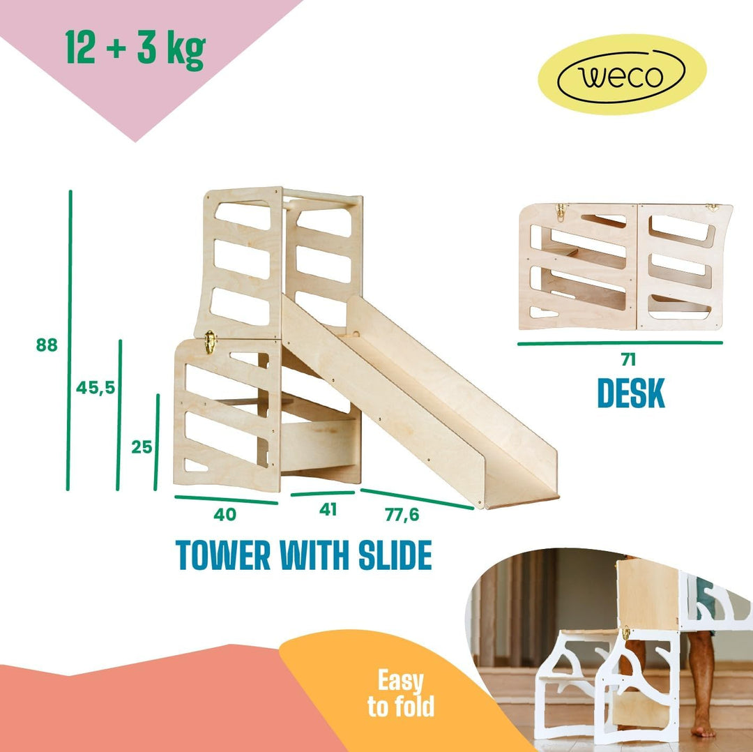 Weco Kinder-Lernturm 3 in 1 Streifendesign mit Rutsche Schreibtisch Rutsche Montessori Möbel Küchenh