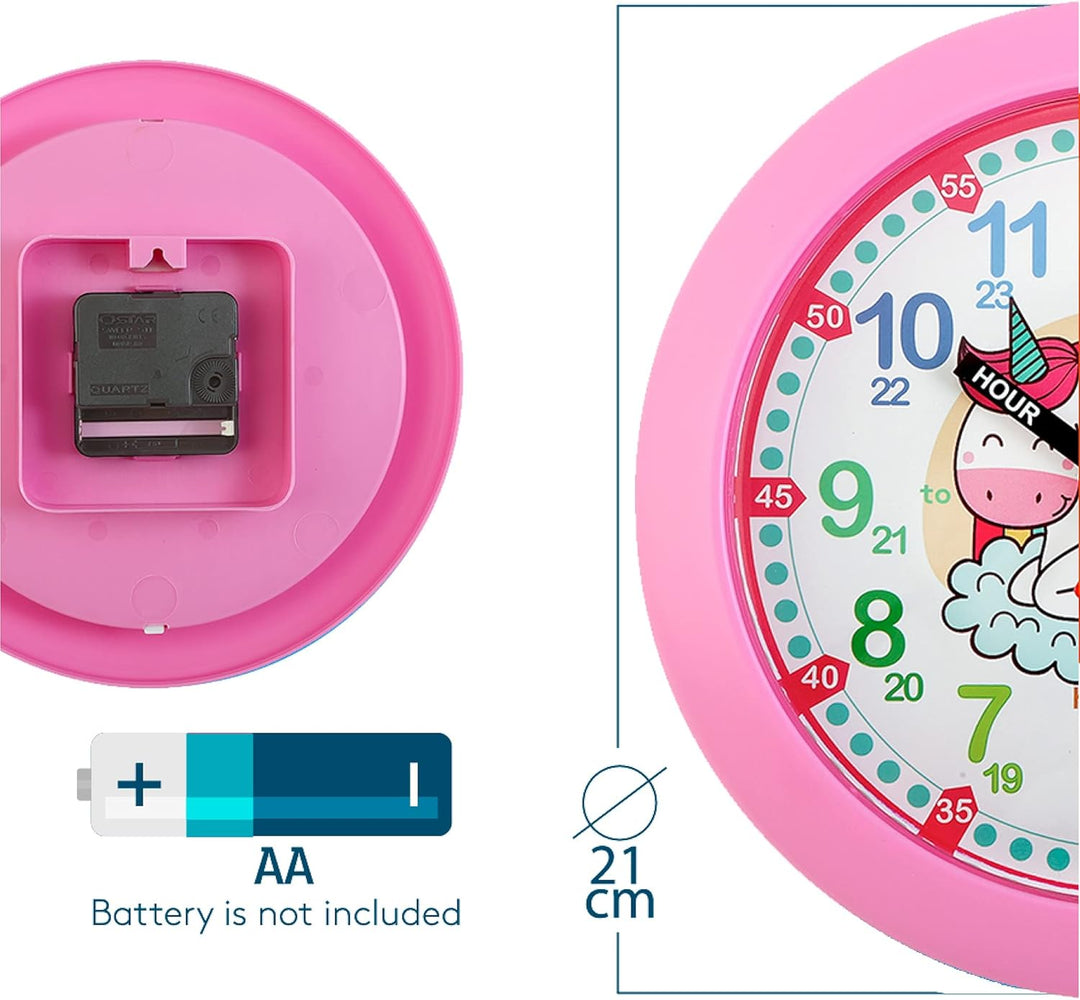 Kiddus Wanduhr für Kinder, Jungen und Mädchen. Analoger Zeitlehrer mit Zeitlernübungen. Gut lesbar,
