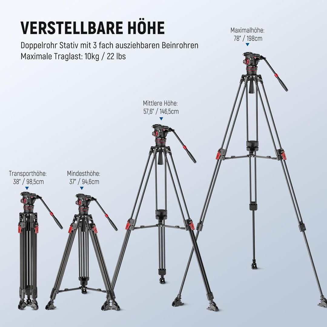 NEEWER 78" Kamera Videostativ aus Carbonfaser mit dämpfendem, Fluidkopf, One Step Schnellverschluss,