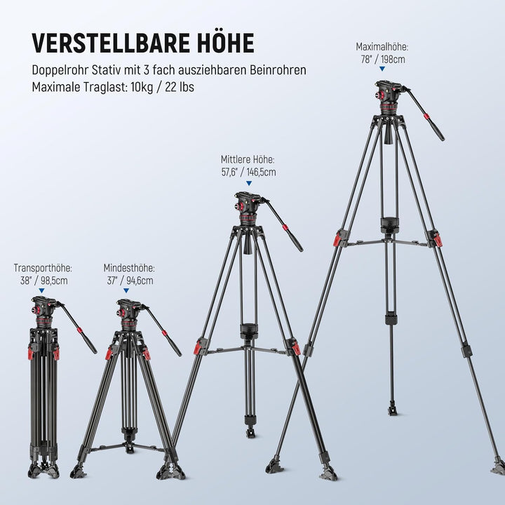 NEEWER 78" Kamera Videostativ aus Carbonfaser mit dämpfendem, Fluidkopf, One Step Schnellverschluss,