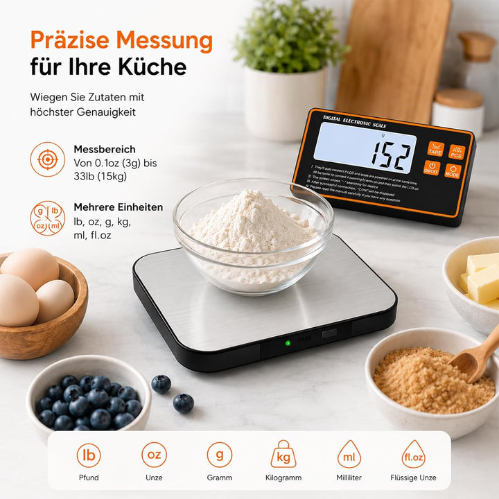 Küchenwaage Digital, 15kg/1g mit Abnehmbarem Display, Kleines Aufgeteiltes Design Küchenwaage, Edels