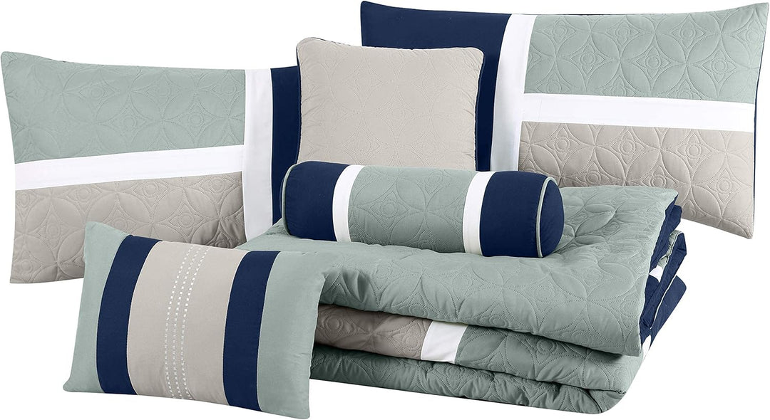 Chezmoi Collection Upland Steppdecken-Set, 7-teilig, Marineblau/Blau/Grau Full Marineblau/Blau/Grau,