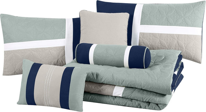 Chezmoi Collection Upland Steppdecken-Set, 7-teilig, Marineblau/Blau/Grau Full Marineblau/Blau/Grau,