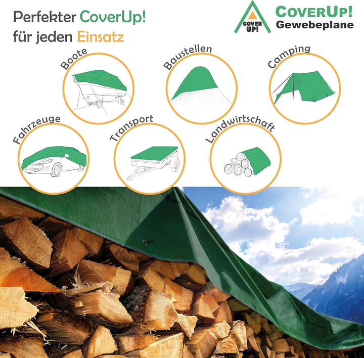 CoverUp! (2x3 m) Gewebeplane - Farbe: Grün, 200g/m² - Beständigkeit durch verstärkte Gummiecken & ro