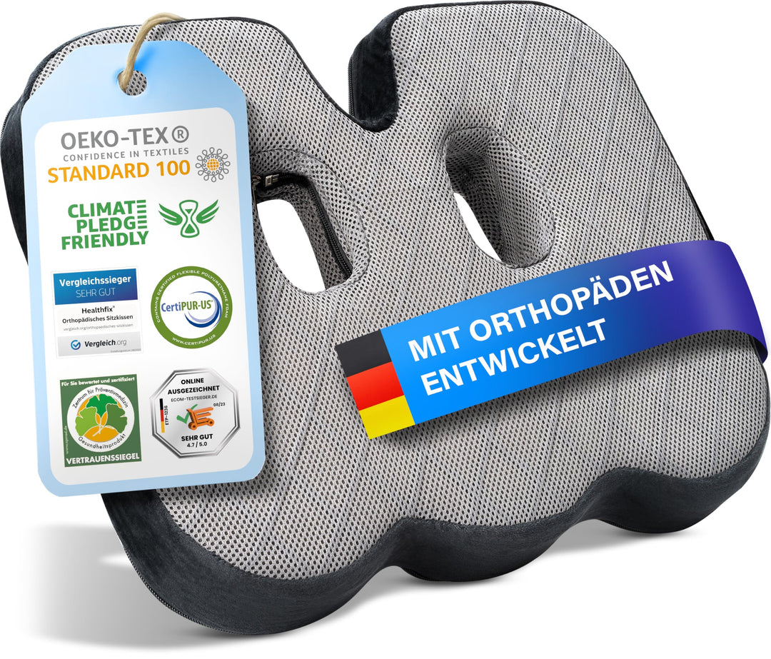 Healthfix® Orthopädisches Sitzkissen für Büro, Auto & Co.- Ergonomisches Sitzen aus Memory Foam mit