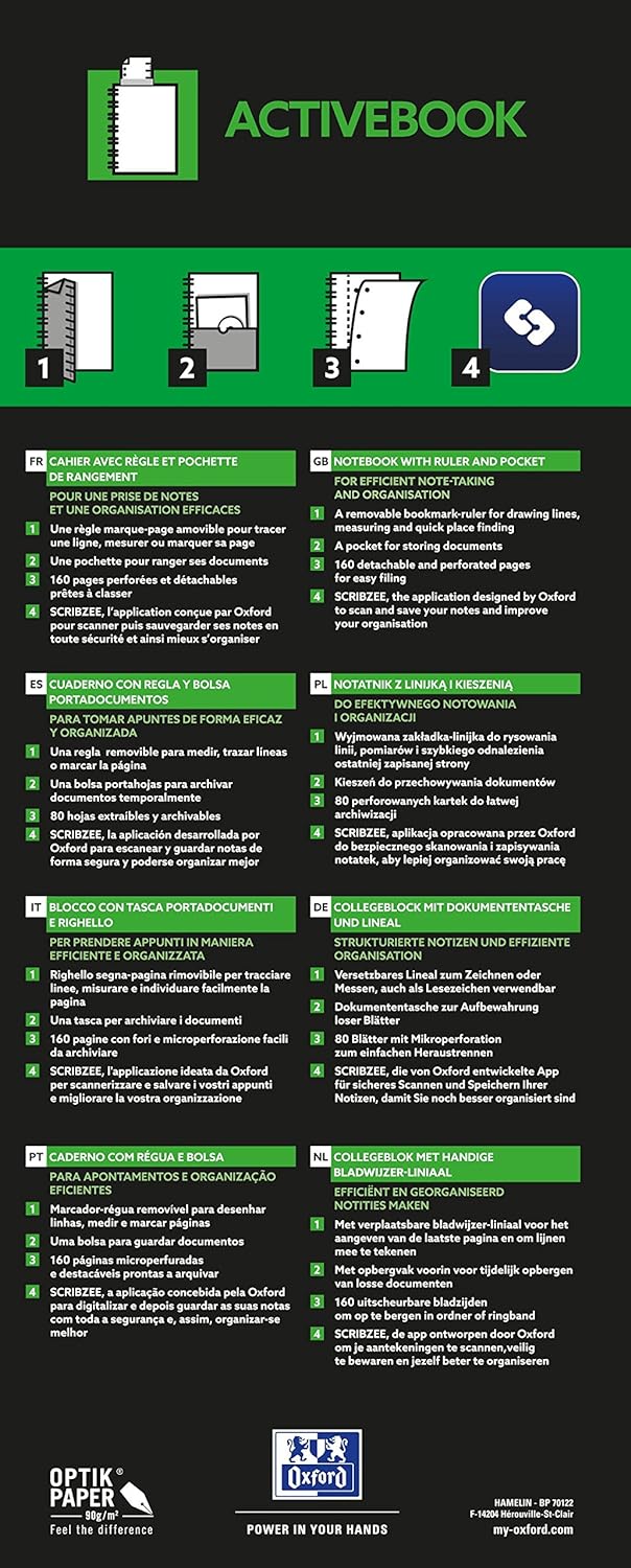 OXFORD 400019520 Activebook Studium 5er Pack mit 4 Farben Digitaler Collegeblock A4 kariert 80 Blatt