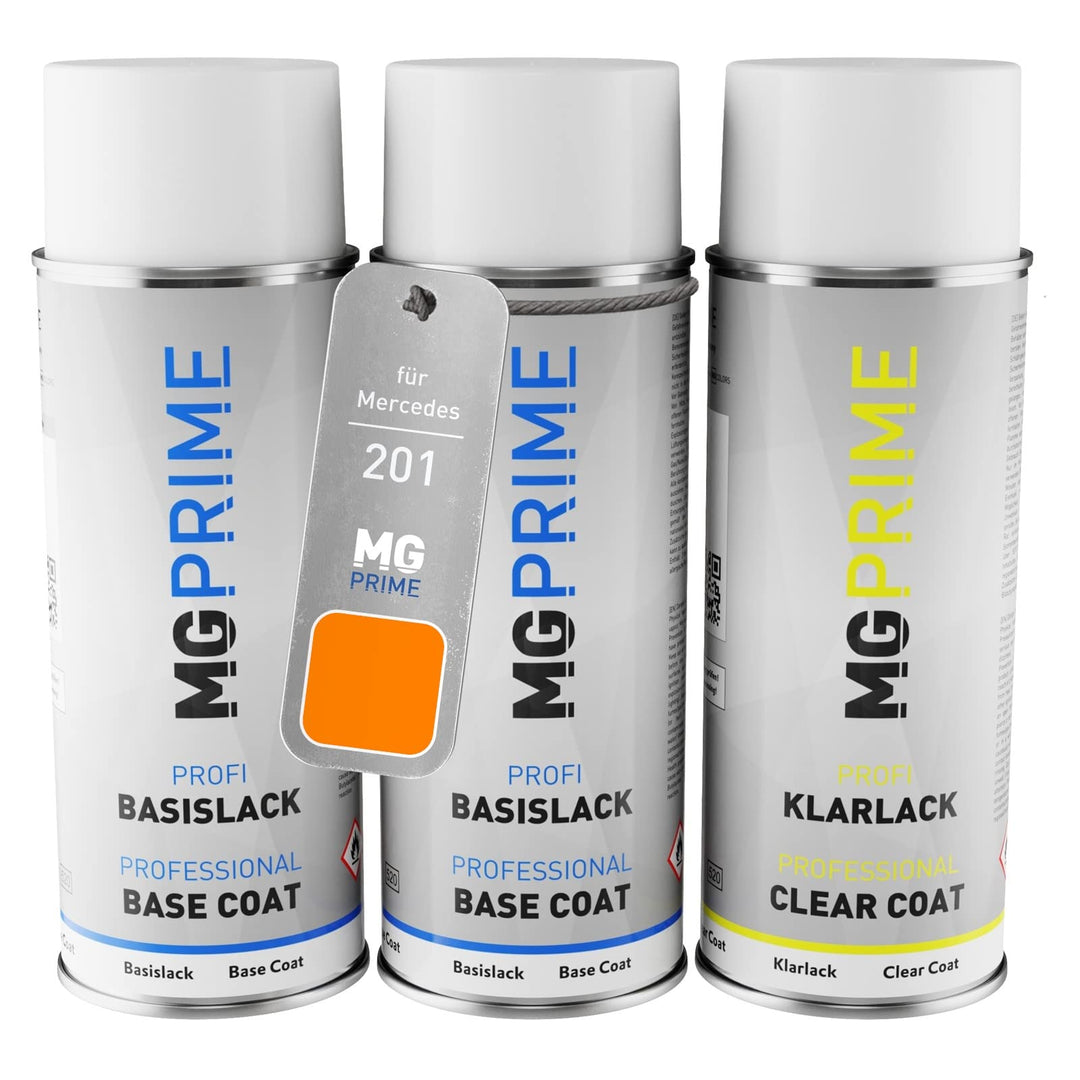 MG PRIME Autolack Sprühdosen Set für Mercedes 201 MC Laren Pure Orange Grundlack Basislack Klarlack