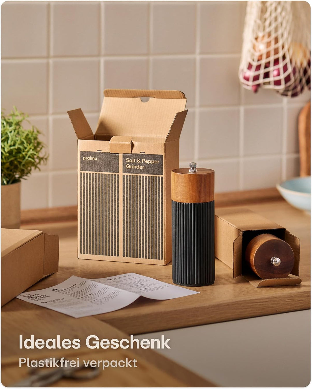 Praknu Salz & Pfeffermühle FSC® Holz der Akazie Set – mit Keramikmahlwerk – Stufenlos Einstellbar &