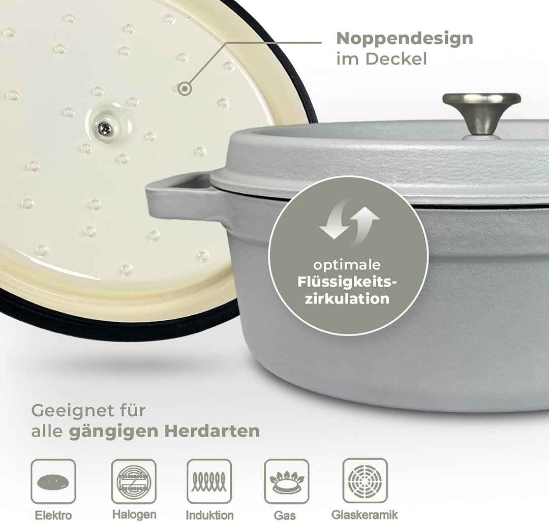 osoltus Bräter oval Gusseisen Schmortopf mit Tropfdeckel hellgrau 33 cm oval Hellgrau, oval Hellgrau