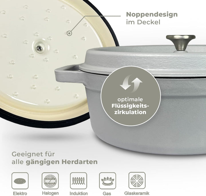osoltus Bräter oval Gusseisen Schmortopf mit Tropfdeckel hellgrau 33 cm oval Hellgrau, oval Hellgrau