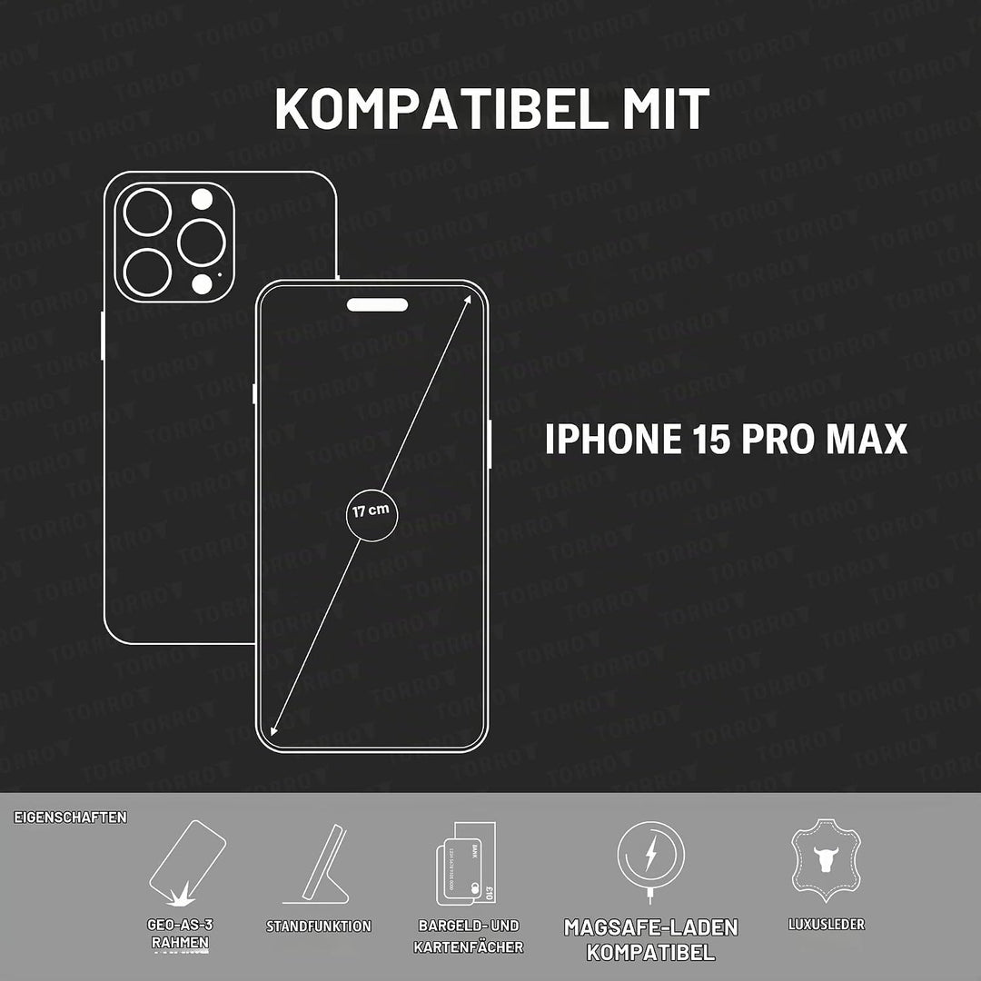 TORRO Hülle kompatibel mit iPhone 15 Pro Max – Premium Lederhülle mit Standfunktion und Kartenfächer