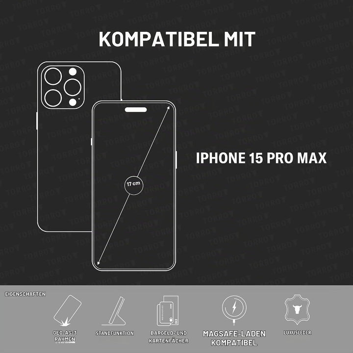 TORRO Hülle kompatibel mit iPhone 15 Pro Max – Premium Lederhülle mit Standfunktion und Kartenfächer