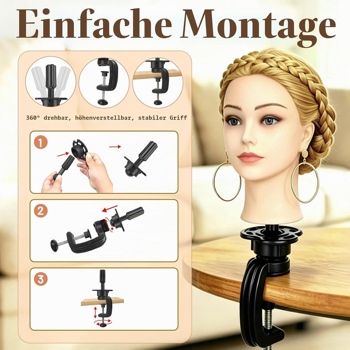 Yofuly 24Zoll / 61cm Frisierkopf mit Ohrlöchern, 80% Echthaar Übungskopf, Frisieren Trainingsköpfe P