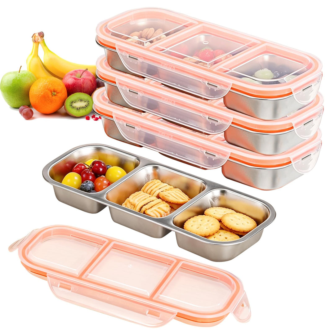 BYZESTY Snackbox mit 3 Fächern, 4er Set Edelstahl Snackbox, Snackbox mit Fächern, Auslaufsicher Snac