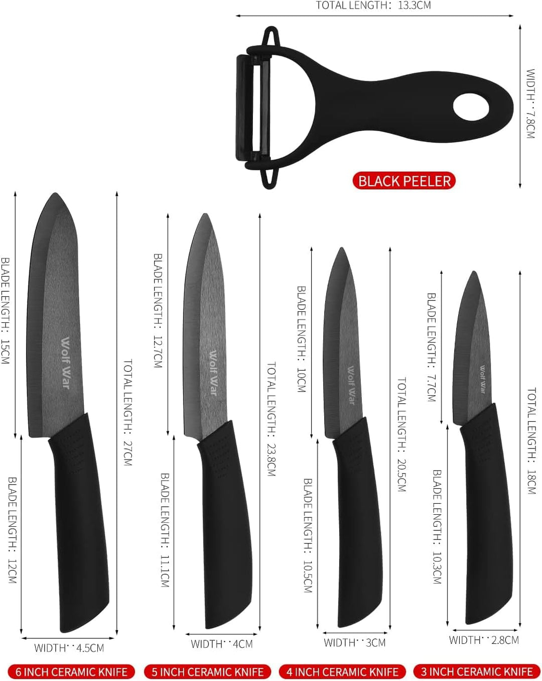 Wolf War keramikmesser, Keramikmesser Set mit Schutzhülle, Küchenmesser Set mit 4-teilig Messer und