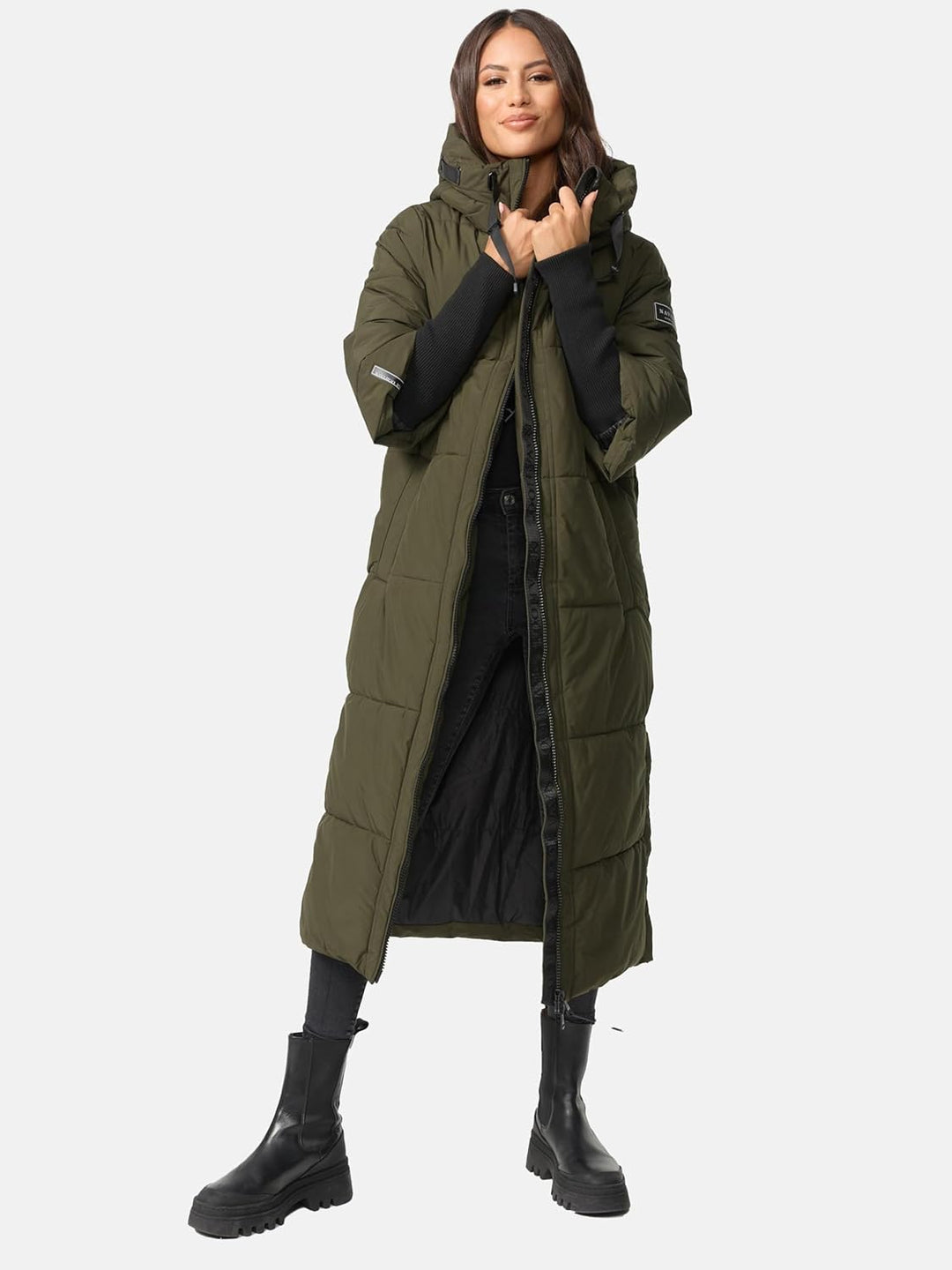 Navahoo Damen langer Wintermantel warmer Steppmantel mit Kapuze und Rippstrickärmeln Ciao Miau XIV X