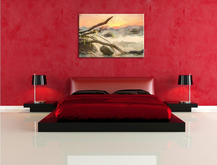 Pixxprint Ruhige See im Nebel als Leinwandbild/Grösse: 100x70 cm/Wandbild/Kunstdruck/fertig bespannt