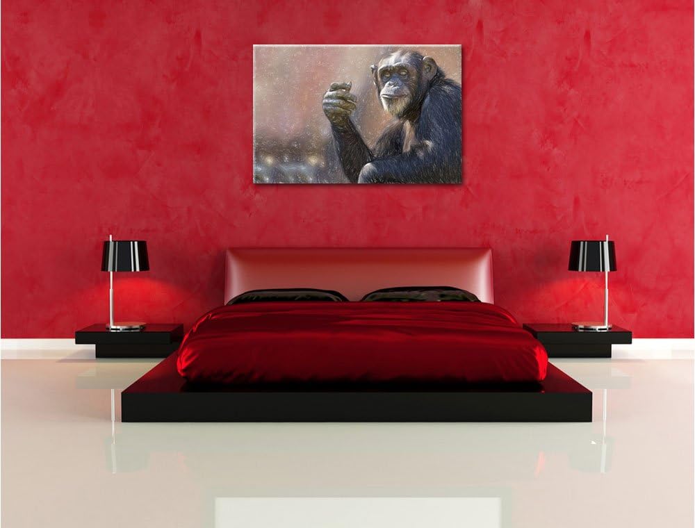 Pixxprint Aufmerksamer Schimpanse / 100x70cm Leinwandbild bespannt auf Holzrahmen/Wandbild Kunstdruc