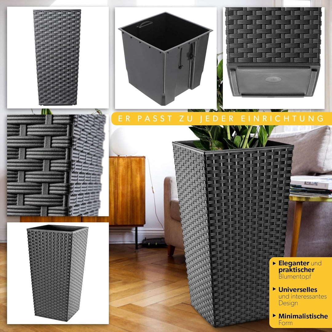 KADAX Pflanzkübel mit Innentopf, Höhe 68cm, Grafit Rattan – Wetterfester Blumentopf für Innen & Auss