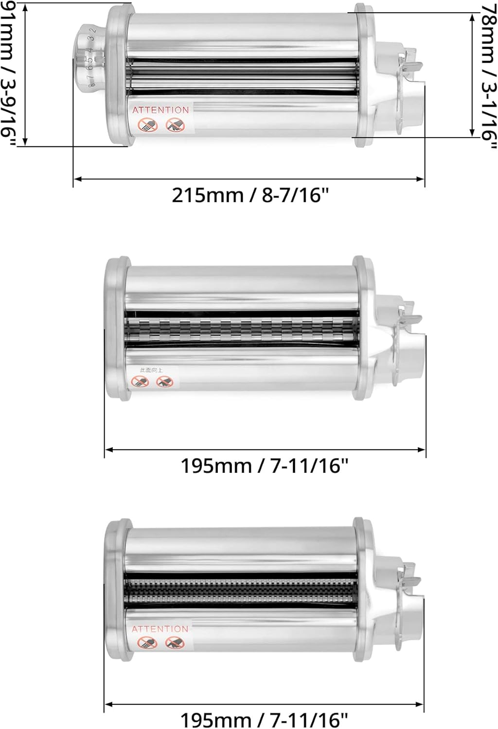 QWORK® 3er Set Nudelblattroller Spaghettischneider Fettuccineschneider, Nudelaufsatz aus SUS304 Edel