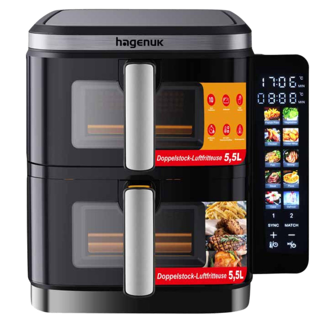 Premium Doppel-Heissluftfritteuse 2×5,5L mit Sichtfenster, 10 Programmen, Grill-Einsatz, Touchdispla