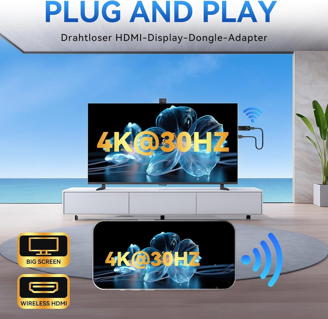 4K Kabelloser Display Dongle Adapter, Wireless HDMI Streaming, Airplay, Miracast, DLNA, Google Casti