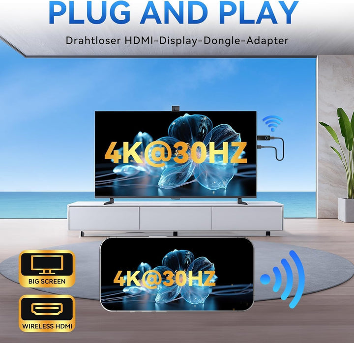 4K Kabelloser Display Dongle Adapter, Wireless HDMI Streaming, Airplay, Miracast, DLNA, Google Casti