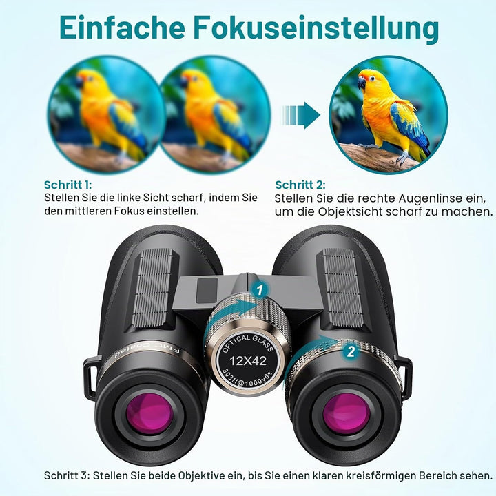 Fernglas 12x42, Magnesium Fernglas mit Nitrogenfüllung und wasserdicht, BAK4 HD Prisma + FMC Objekti