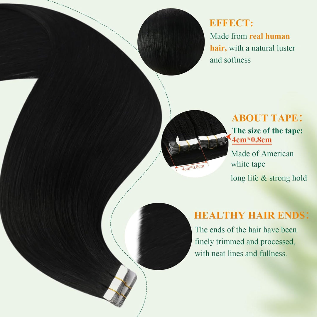 Easyouth Tape on Extensions Echthaar Haar Extensions Tape Echthaar Farbe Pechschwarz 12 Zoll 30g Tap