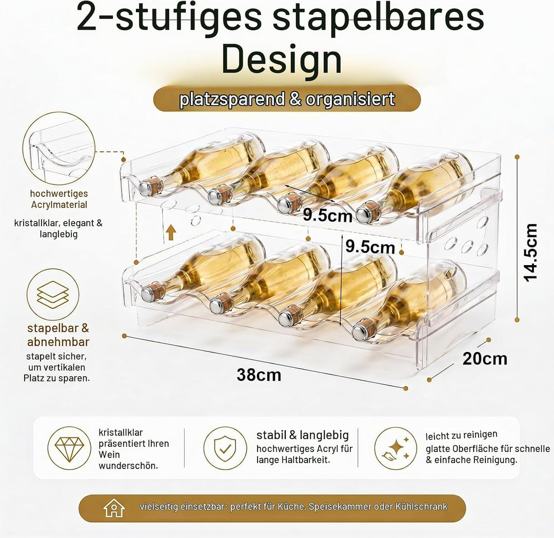 2 Etagen Flaschenregal Kühlschrank, Stapelbarer Weinregal Flaschenhalter für 8 Flaschen, 38x20cm Kun