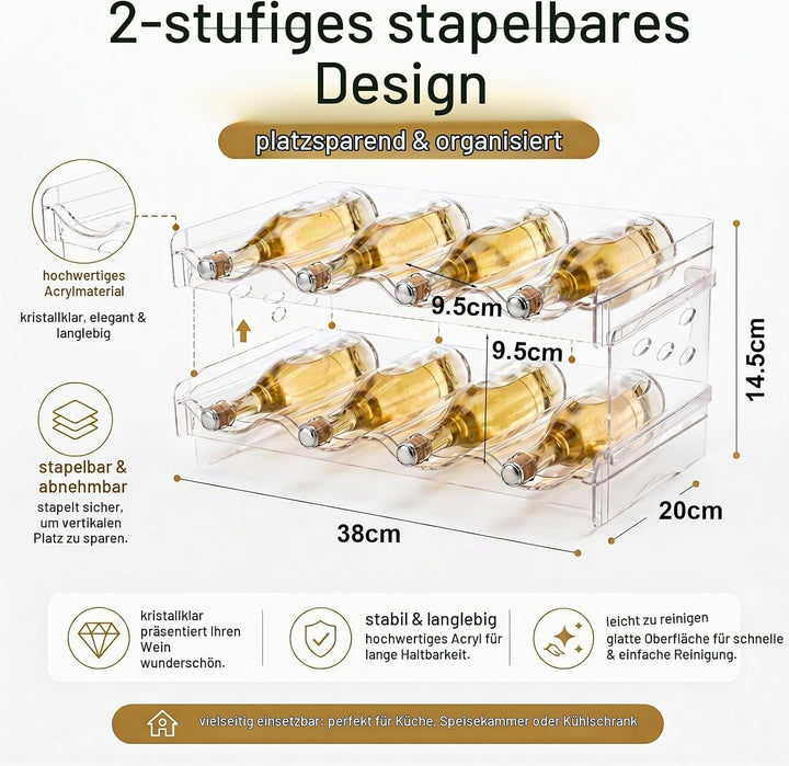 2 Etagen Flaschenregal Kühlschrank, Stapelbarer Weinregal Flaschenhalter für 8 Flaschen, 38x20cm Kun