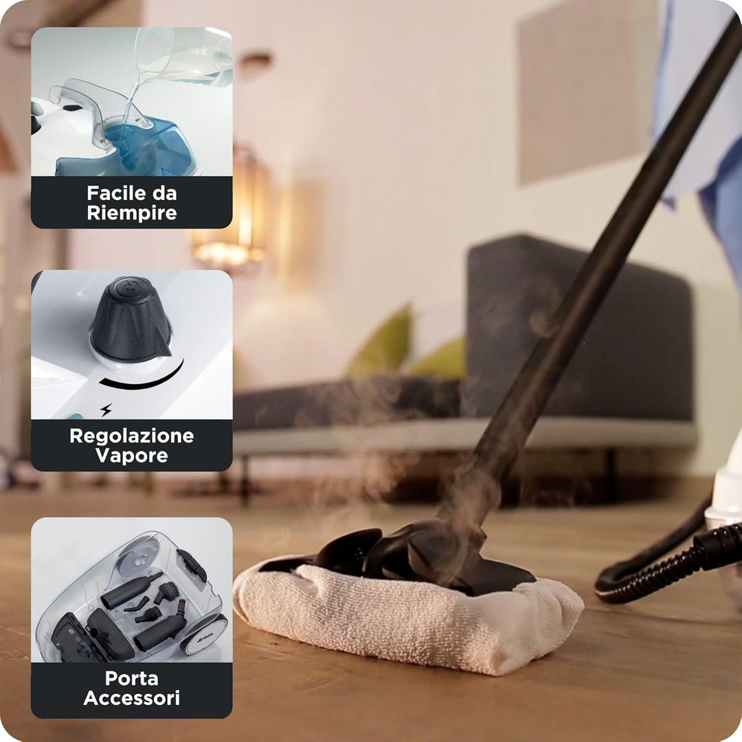 Ariete 4146 XVapor Deluxe fahrbarer Dampfreiniger, 5 bar, integriertes Zubehör-Staufach, Betriebsdau