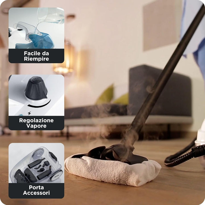 Ariete 4146 XVapor Deluxe fahrbarer Dampfreiniger, 5 bar, integriertes Zubehör-Staufach, Betriebsdau