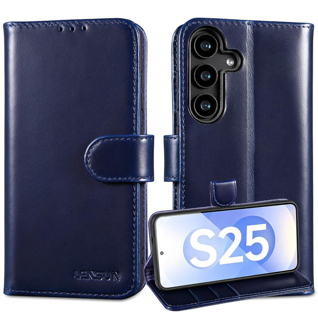 LENSUN Echtleder Handyhülle für Samsung Galaxy S25 5G, Lederhülle [Brieftasche][Bookstyle] Handytasc