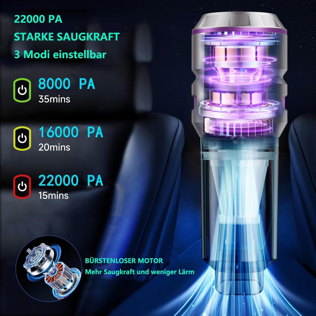 Handstaubsauger Akku Schnurloser, 22000PA Auto-Staubsauger mit Hoher Leistung, 4-in-1 Kabelloser Aut