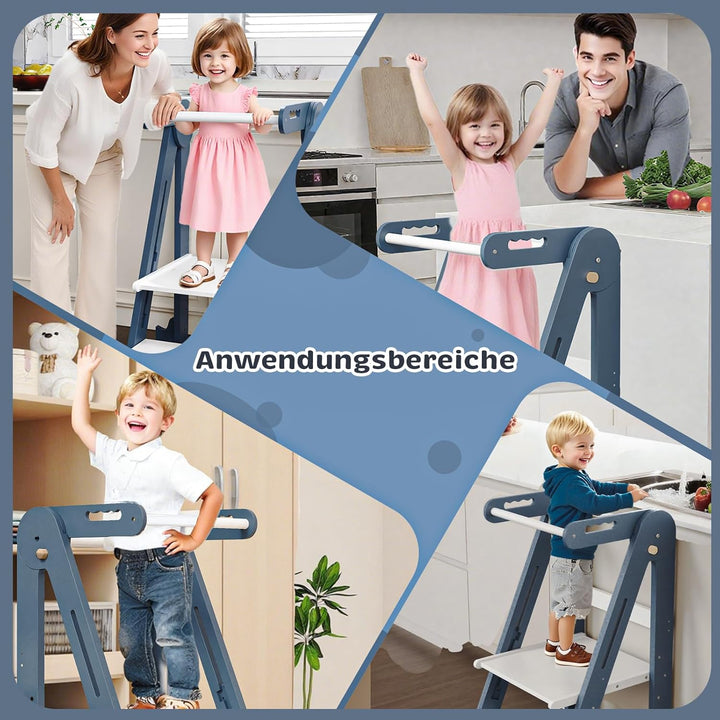 Klappbarer Toddler Tower Tritthocker, Höhenverstellbarer Kinderhocker mit Sicherheitsleiste & Rutsch