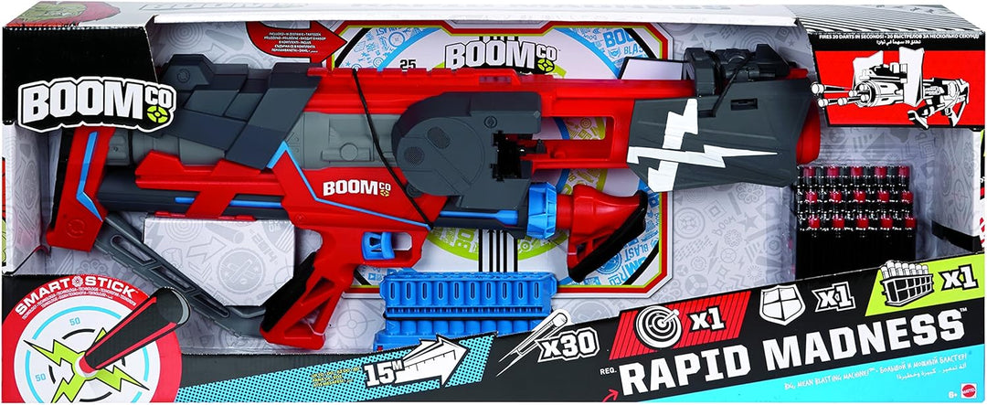 Mattel Y8618 - Boomco Rapid Madness, Blaster mit Druckluftantrieb und 20 Smart Stick-Pfeilen