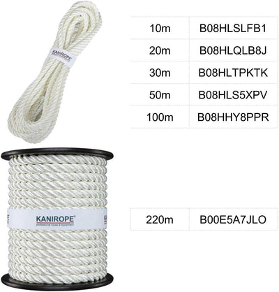 Kanirope® Polyester Tauwerk Polyesterseil POLYTWIST ø8mm 220m Weiss 3-litzig gedreht, 220m Weiss