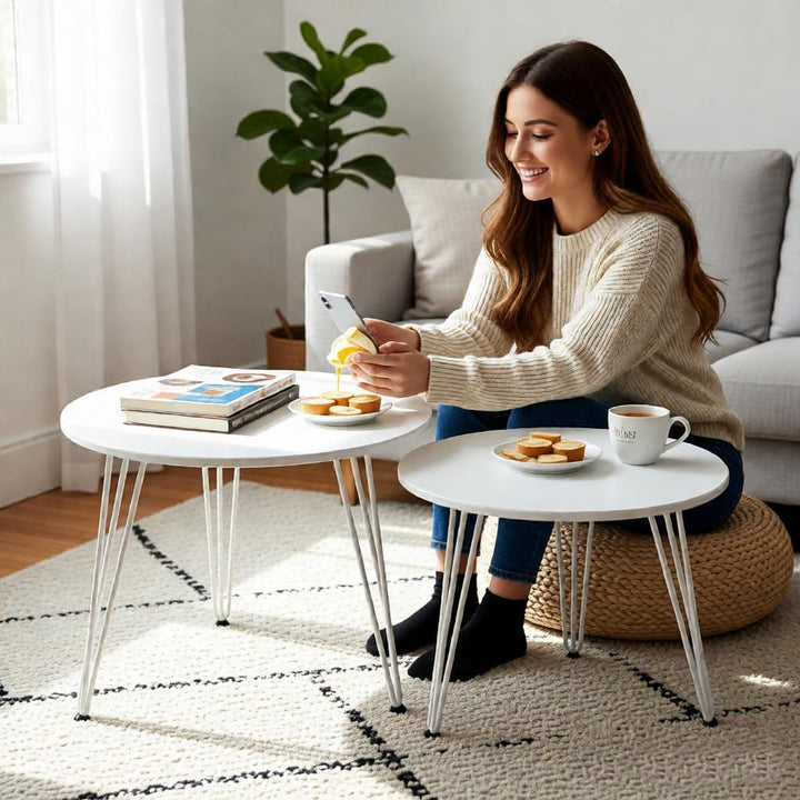 johgee 2 Stück Beistelltische Holz Rund, Couchtisch Rund Set, Sofatisch, Ø 50 cm und Ø 40 cm, Geeign