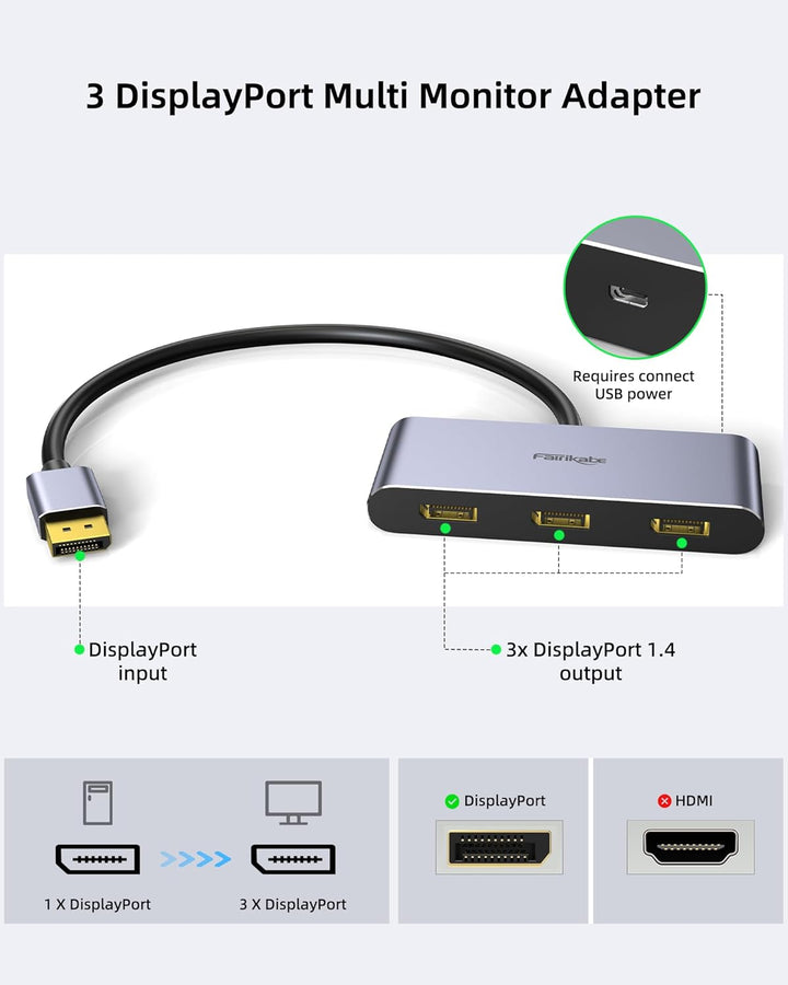 3 Port DisplayPort 1.4 Splitter, DisplayPort MST Hub Monitor Splitter, DisplayPort auf 3X DP Multi M