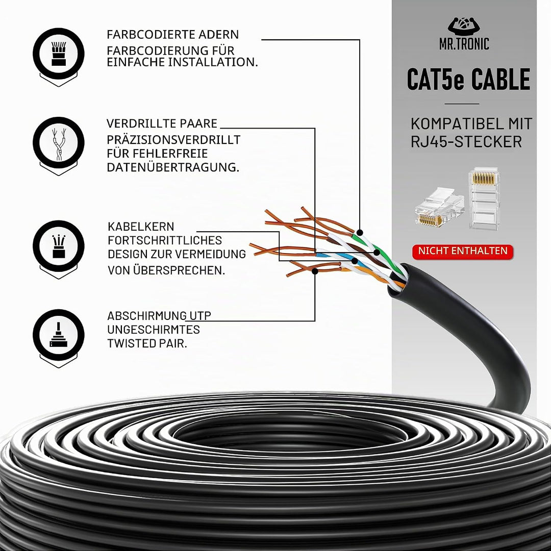 Mr. Tronic 50m Ethernet Netzwerkkabel Cat 5E, LAN Netzwerkkabel Für Schnelle &amp; Zuverlässige Internet