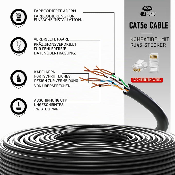 Mr. Tronic 50m Ethernet Netzwerkkabel Cat 5E, LAN Netzwerkkabel Für Schnelle &amp; Zuverlässige Internet