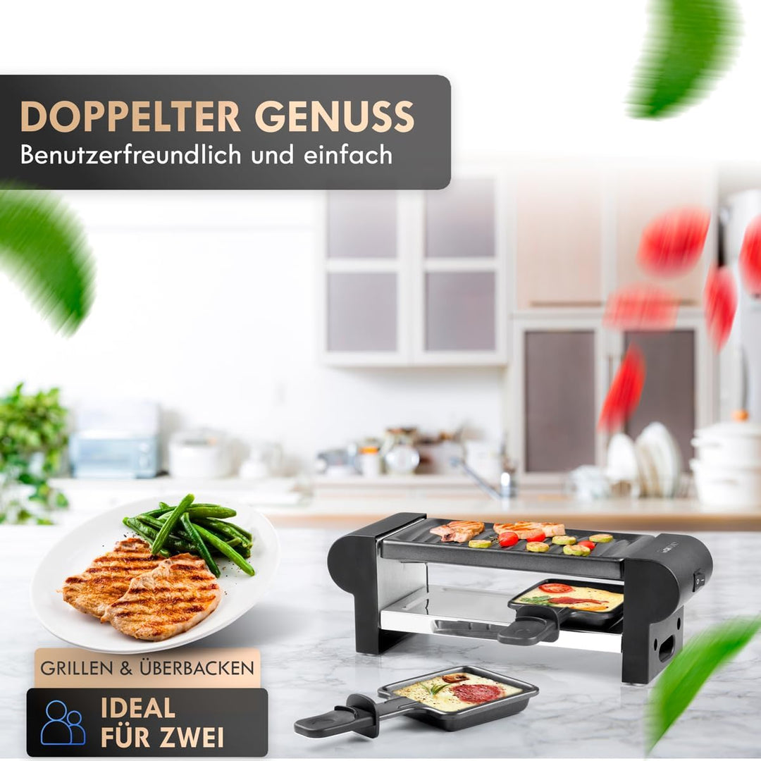 Clatronic® Raclette 2 Personen | Mini Raclette mit ca. 20,5 x 10,5 cm Grillfläche | für Grillen & Üb