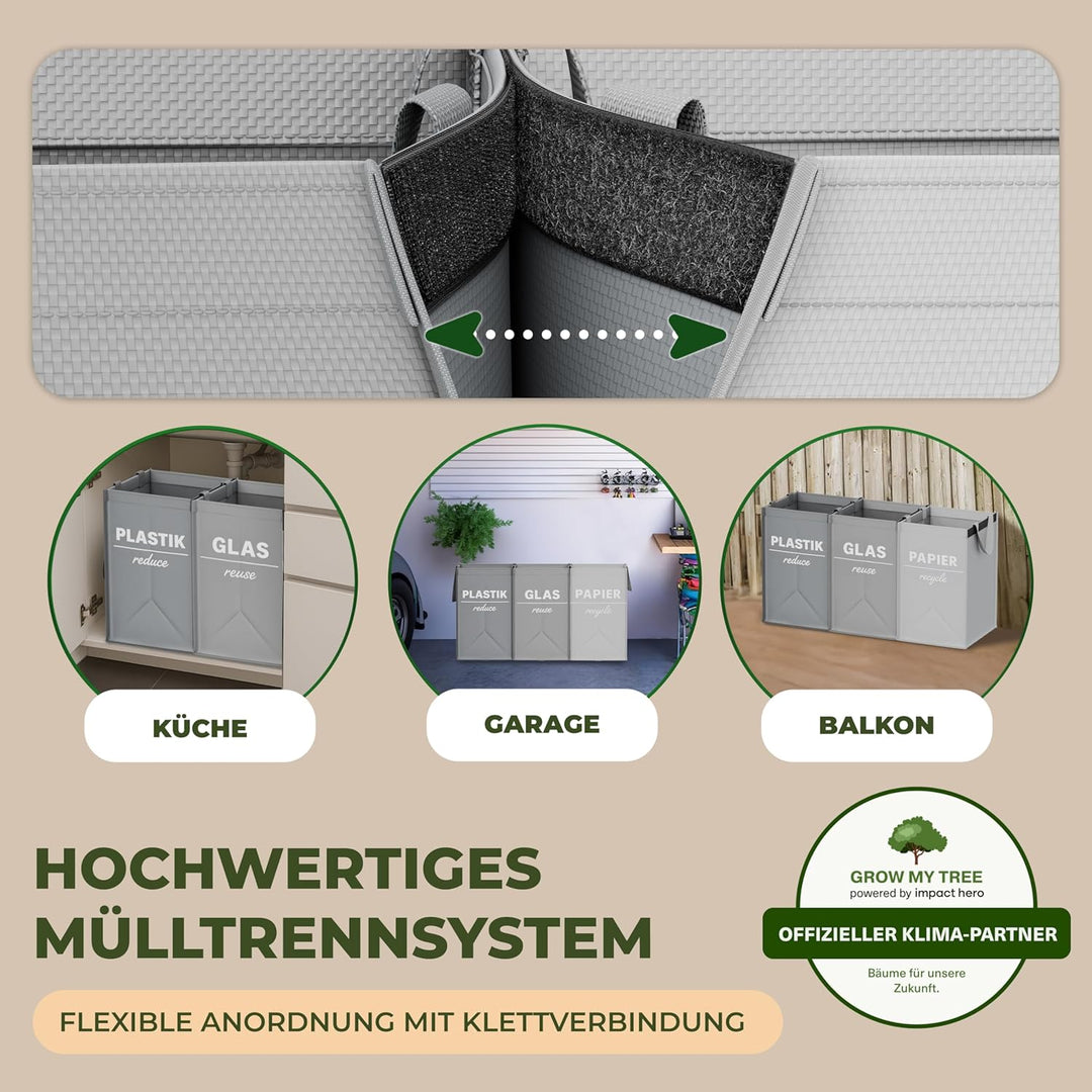 COTTARA® Mülltrennsystem 3 fach Plastik, Glas, Papier | Starker Stand durch 4 x Stabilisatoren | Per