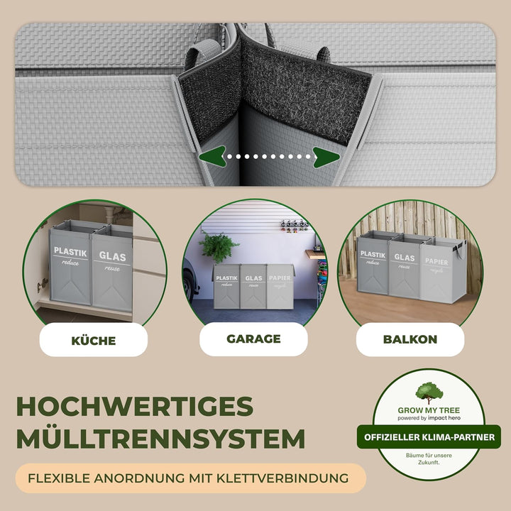 COTTARA® Mülltrennsystem 3 fach Plastik, Glas, Papier | Starker Stand durch 4 x Stabilisatoren | Per