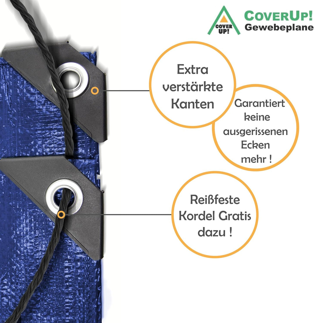 CoverUp! 1,5x6m Abdeckplane Wasserdicht - Farbe: Blau, 120g/m², Gewebeplane mit ösen, Verstärkte Gum