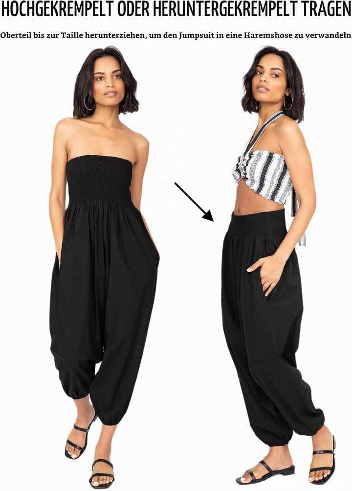 likemary Jumpsuit Damen Sommer – 2-in-1 Haremshose &amp; Capri Overall – Baumwolle Einheitsgrösse – Boho