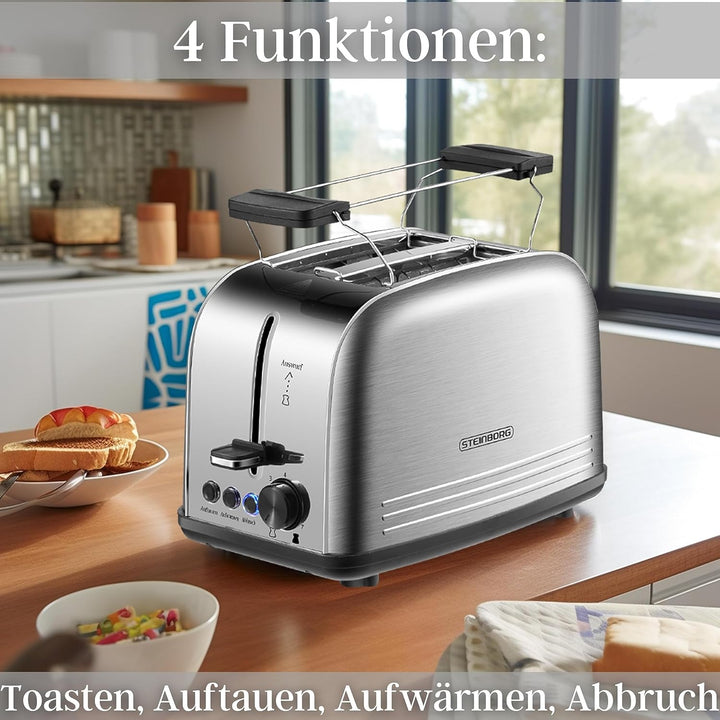 Edelstahl Toaster mit Brötchenaufsatz | Toaster 2 Scheiben | Doppelschlitz Toaster | 7 Stufen | 4 Fu
