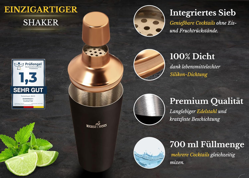 BARMINGO® Edelstahl Cocktail Set 11tlg. – 700 ml Cocktail Shaker Set mit Ständer und Bar Zubehör, Co