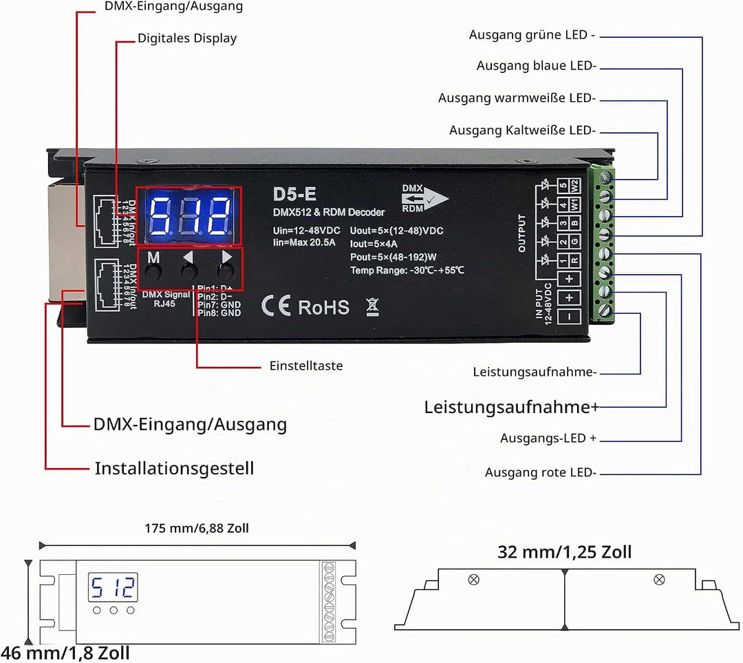 GIDEALED 5 Kanal DMX Decoder mit RDM Digitalanzeige,DMX512 Dimmertreiber PWM LED Controller für RGBC